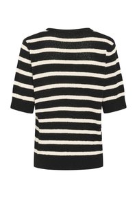 Pull court rayé noir et blanc à manches courtes avec un col rond et une coupe légèrement ample, fabriqué en tissu tricoté avec une finition texturée.
