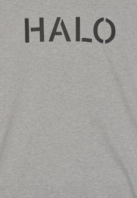 En grå bomull t-shirt med stor svart tryckt text "HALO" och en distinkt design på framsidan. Mjuk textur med en avslappnad passform.