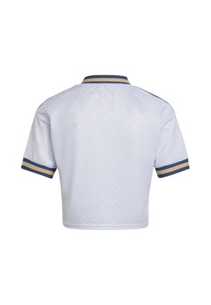 Chemise blanche à manches courtes avec un motif texturé subtil, rayures doubles bleu marine et or sur le col et les poignets des manches, vue de dos.