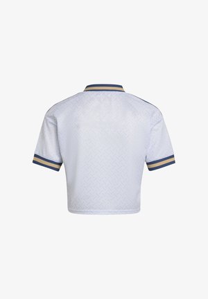 Chemise blanche à manches courtes avec un motif texturé subtil, rayures doubles bleu marine et or sur le col et les poignets des manches, vue de dos.