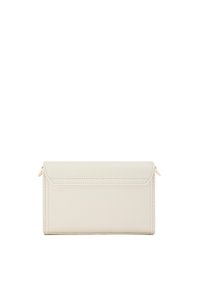 Light beige leather wallet with a structured design. Features a flap closure and subtle stitching. Two zippers on the sides for storage access.