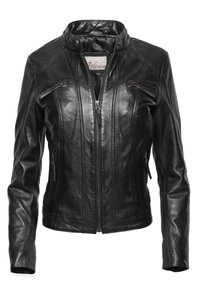 Schwarze Lederbikerjacke mit hohem Kragen, Reißverschlusstaschen und einer taillierten Passform mit texturierten Akzenten an den Schultern.