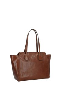 Borsa a spalla in pelle marrone con manici arrotondati, forma rettangolare, texture liscia e dettagli di cucitura sottili.