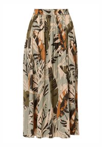 Gonna con stampa floreale in tessuto morbido; presenta pieghe e una vita alta. I colori includono verde, marrone e beige con motivi a foglia.