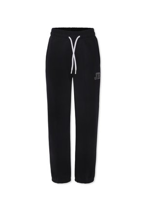 Zwarte trainingsbroek met een elastische tailleband, witte trekkoord en een gestructureerd logo. De boorden zijn elastisch voor een strakke pasvorm.