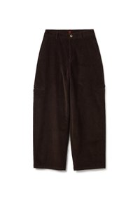 Pantaloni in corduroy marrone con gamba larga, caratterizzati da una chiusura frontale con bottone, due tasche laterali e un tessuto testurizzato.