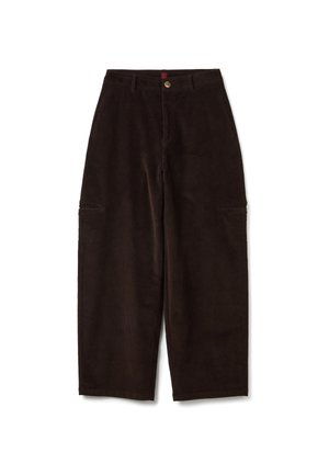 Pantalon en velours côtelé marron avec des jambes larges, doté d'une fermeture à bouton à l'avant, de deux poches latérales et d'un tissu texturé.