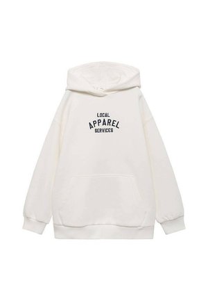 Felpa bianca con cappuccio e tasca frontale, caratterizzata da "LOCAL APPAREL SERVICES" in grassetto testo blu navy. Tessuto liscio, vestibilità comoda.