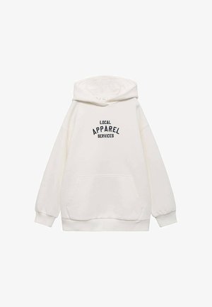 Sweatshirt à capuche blanc avec une poche frontale, portant l'inscription "SERVICES VÊTEMENTS LOCALS" en texte navy gras. Texture lisse, coupe décontractée.