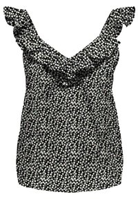 Top floreale nero con fiori bianchi. Caratterizzato da un profondo scollo a V, spalline arricciate e una vestibilità ampia. Realizzato in tessuto leggero.