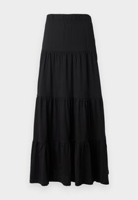 Zwarte gelaagde maxi rok met een elastische tailleband, voorzien van een gladde textuur en een vloeiende uitstraling. De stof is zacht en lichtgewicht.