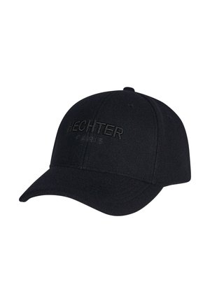 Zwarte baseballpet met gebogen klep en "HECHTER PARIS" op de voorkant geborduurd met bijpassend zwart garen.
