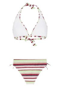 Bikini set s trokutastim gornjim dijelom na vezanje i prugastim donjim dijelom. Boje uključuju bijelu, zelenu, crvenu i bež s raznolikim uzorcima pruga.