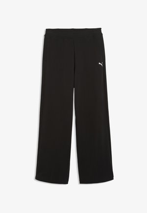 Zwarte losse broek met elastische tailleband, zijzakken en een klein wit Puma-logo op de bovenkant van de linker dij.
