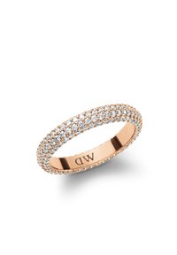 Rose gold ring with a paved band of small clear crystals, showcasing a smooth interior and detailed texturing along the edges.