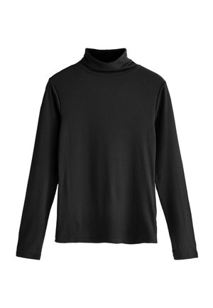 Černé žebrované tričko s dlouhým rukávem a rolákem, s přiléhavým límcem a rovnými lemy, zobrazené na bílém pozadí.