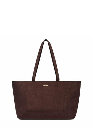 Dunkelbraune Ledertasche mit zwei Griffen und einem kleinen goldenen "MEXX" Logo, das in der Mitte nahe dem oberen Rand platziert ist.