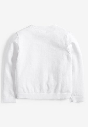 Maglione bianco a maniche lunghe, con texture lavorata a maglia, orlo e polsini a coste, scollo rotondo e un aspetto morbido e liscio. Nessun motivo o dettaglio visibile.