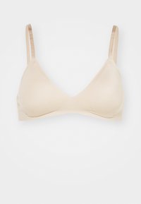 Beige triangular bra with adjustable straps, constructed from smooth fabric, featuring seamless cups and a minimalist design.