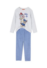 Grey long-sleeve pajama top with a cartoon dog graphic, paired with blue and white striped pajama pants. Soft fabric, casual fit.