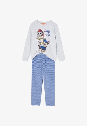 Grey long-sleeve pajama top with a cartoon dog graphic, paired with blue and white striped pajama pants. Soft fabric, casual fit.