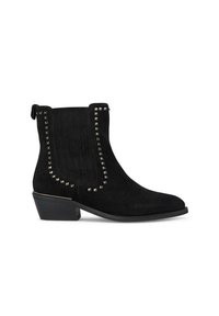 Stivaletti neri in suede con tacco basso a blocco, caratterizzati da un design a righe verticali e dettagli borchiati lungo i bordi.