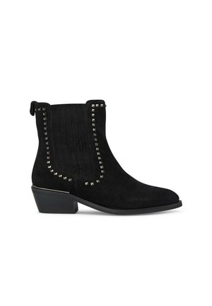 Stivaletti neri in suede con tacco basso a blocco, caratterizzati da un design a righe verticali e dettagli borchiati lungo i bordi.