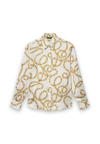 Camicia bianca a maniche lunghe con motivo a catena dorata, colletto con bottoni e tessuto dalla trama liscia. Il design presenta motivi a catena intrecciati.