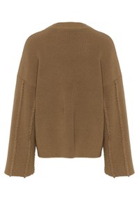 Maglione lavorato a maglia marrone con vestibilità morbida, spalle cadute e dettagli laterali sfrangiati. Materiale testurizzato con finitura a coste.