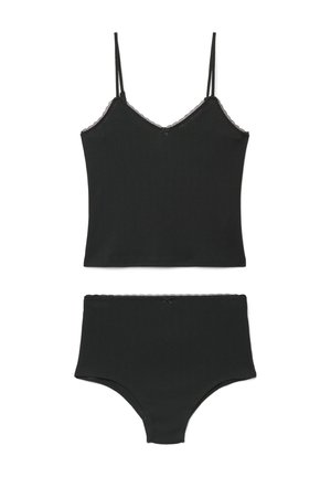 Canottiera nera a coste con spalline sottili e slip a vita alta coordinati, entrambi con piccoli fiocchi decorativi e rifinitura in pizzo.