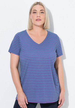 T-shirt con scollo a V realizzato in morbido tessuto, con strisce orizzontali in viola e turchese. Maniche corte, vestibilità comoda e orlo curvo.