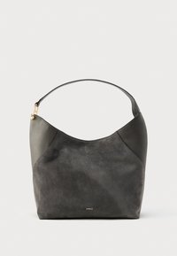 Sac à bandoulière en daim et cuir gris foncé avec une seule bride et un petit logo Furla doré centré sur le devant.