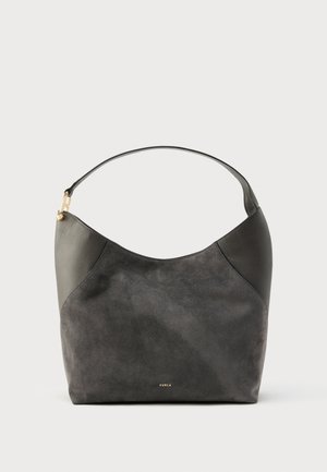Mala de ombro em camurça e couro cinza escuro, com alça única e pequeno logótipo dourado da Furla no centro da frente.