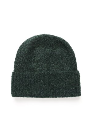 Grüne gestrickte Beanie-Mütze mit umgeschlagenem Rippenbund, aus strukturiertem Wollmaterial für Wärme und Komfort. Runde Form.