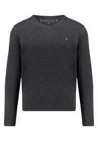 Donkergrijze v-hals trui met lange mouwen. Zachte textuur, minimalistisch ontwerp, voorzien van een klein logo op de borst. Geschikt voor casual kleding.