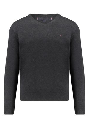 Donkergrijze v-hals trui met lange mouwen. Zachte textuur, minimalistisch ontwerp, voorzien van een klein logo op de borst. Geschikt voor casual kleding.