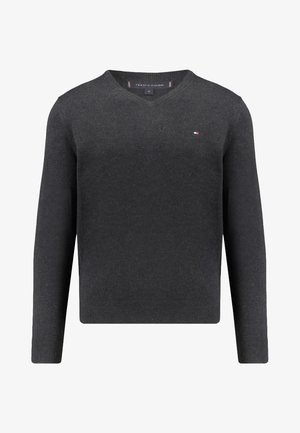 Dark gray v-neck sweater with long sleeves. Soft texture, minimalistic design, features small logo on chest. Suitable for casual wear.