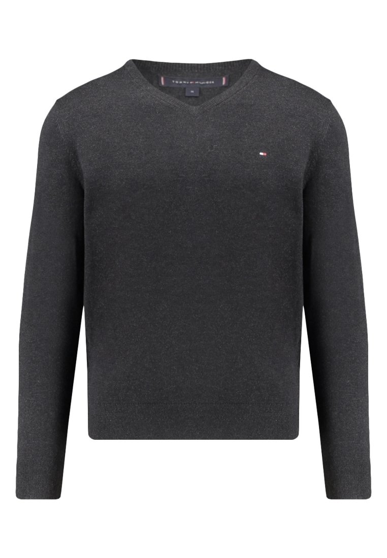 Donkergrijze v-hals trui met lange mouwen. Zachte textuur, minimalistisch ontwerp, voorzien van een klein logo op de borst. Geschikt voor casual kleding.