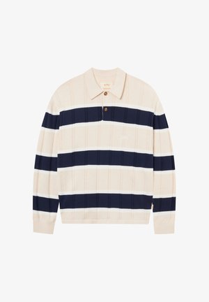 Bluza z długim rękawem i kołnierzykiem w poziome paski w kolorach beżowym, białym i granatowym oraz dwoma brązowymi guzikami przy dekolcie.