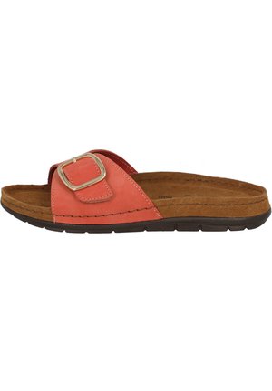 Coral leather slide sandal with a buckle accent, cushioned insole, and dark rubber sole, designed for comfort and easy wear.