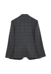 Grau karierter Blazer mit strukturierter Passform, der dezente blaue Akzente, zwei Seitenschlitze und knöpfbare Manschetten aufweist. Glatte Textur.