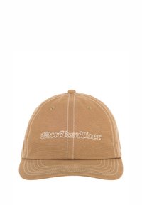Braune Baumwoll-Baseballmütze mit weißer Stickerei und dem Aufdruck "Quiksilver". Sie hat eine runde Krone und einen steifen, gebogenen Schirm.