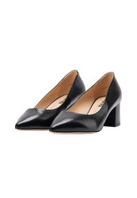 Zwarte leren high heel schoenen met een spitse neus en een chunky hak. Gladde textuur met minimale ontwerpdetails.