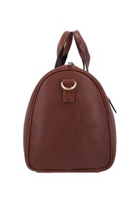 Ruskealla nahkaisella käsilaukulla on pyöristetty yläosa ja litteä pohja. Laukussa on vetoketjukiinnitys, yläkahva ja kultaiset yksityiskohdat.