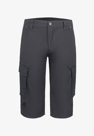 Pantaloncini cargo grigio scuro fino al ginocchio con tasche laterali, passanti per cintura e chiusura frontale con bottone.