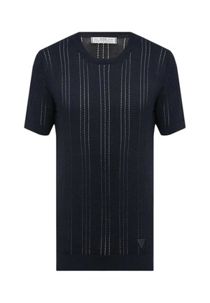 Maglietta in maglia blu navy a maniche corte con righe verticali bianche a punti e scollatura rotonda.