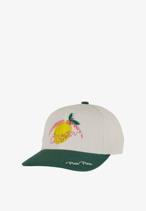 Baseball cap with a white fabric body, green visor, and lemon graphic with pink text. Features embroidered accents and noticeable stitching.