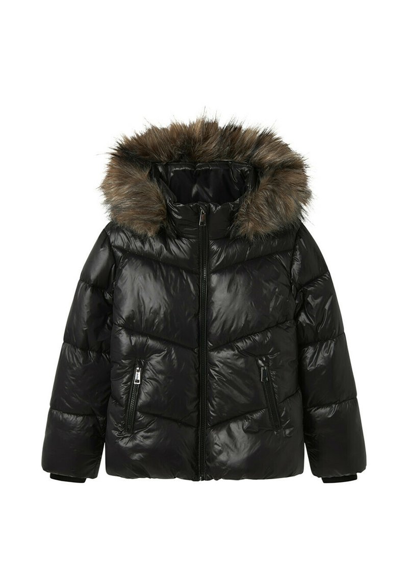 Veste matelassée noire avec capuche en fausse fourrure, fermeture éclair et deux poches latérales. Présente un design matelassé et une texture brillante.