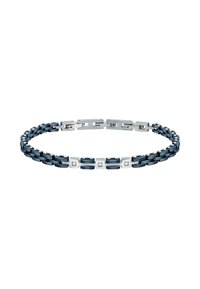 Bracciale navy e argento con anelli intrecciati, presenta accenti metallici quadrati e piccoli cristalli incastonati per un tocco di dettaglio in più.