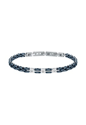 Bracciale navy e argento con anelli intrecciati, presenta accenti metallici quadrati e piccoli cristalli incastonati per un tocco di dettaglio in più.